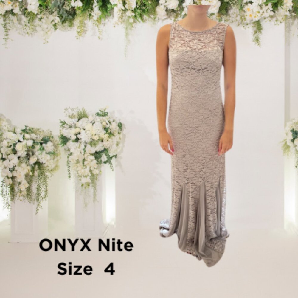 Elegant Dress tan Overlay Lace Long Gown size 4